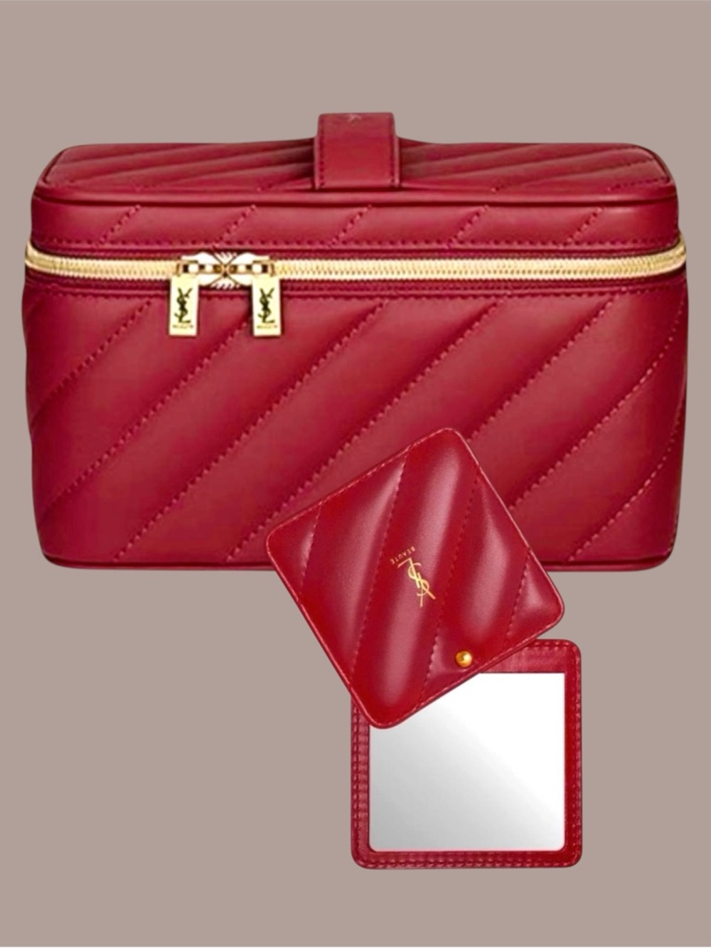 Red YSL Beauty (Faux-Leather) Tufted Large Vanity Case/Compact Makeup Mirror
